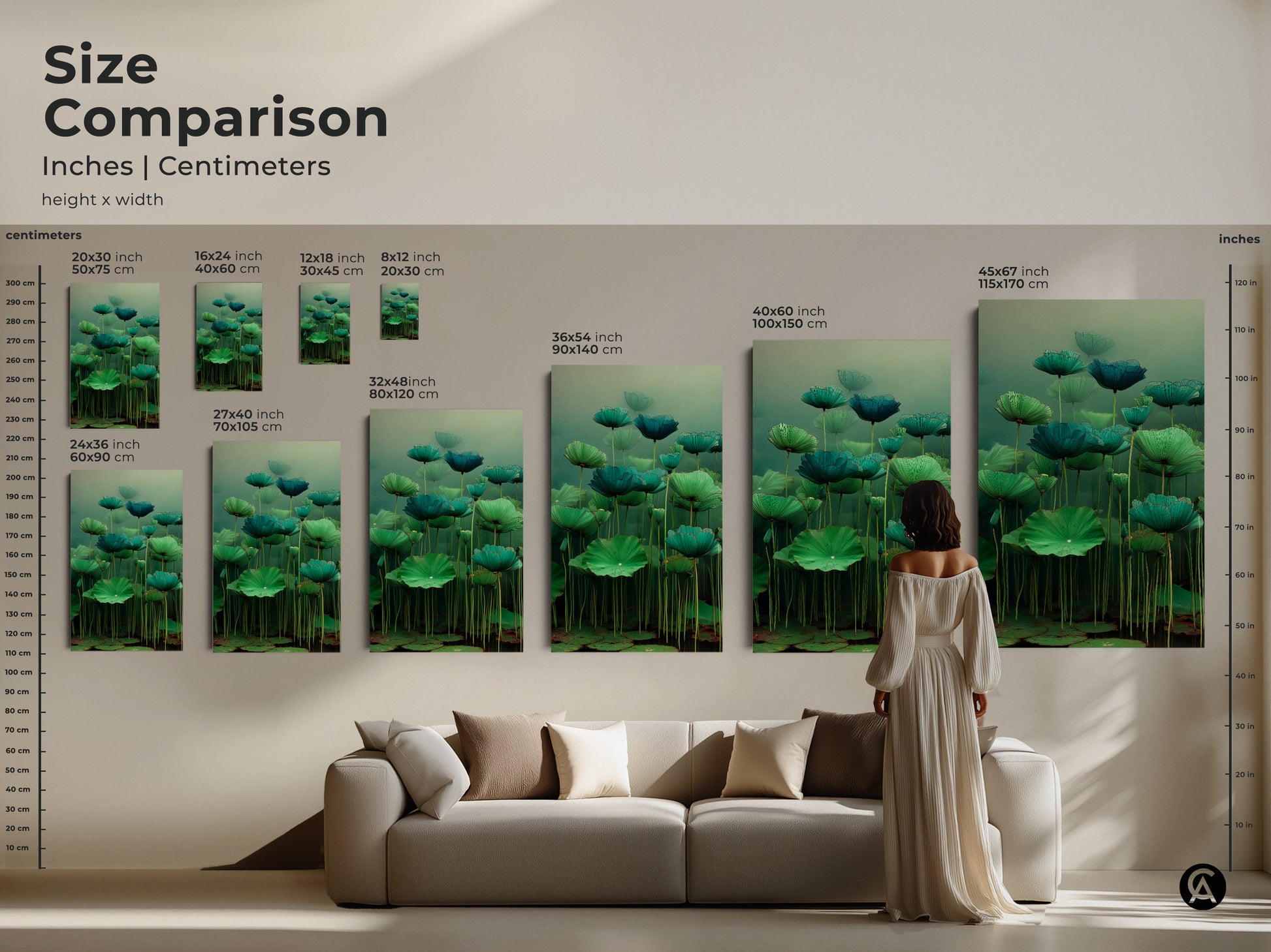 Size comparison of Emerald Zen Ink Lotus Wall Art. This chart compares inches and centimeters. Sizes vary from 8x12 to 45x67 inches. Ideal for japandi wall art. See how this green nature artwork looks above your sofa.