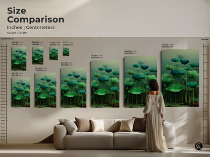Size comparison of Emerald Zen Ink Lotus Wall Art. This chart compares inches and centimeters. Sizes vary from 8x12 to 45x67 inches. Ideal for japandi wall art. See how this green nature artwork looks above your sofa.