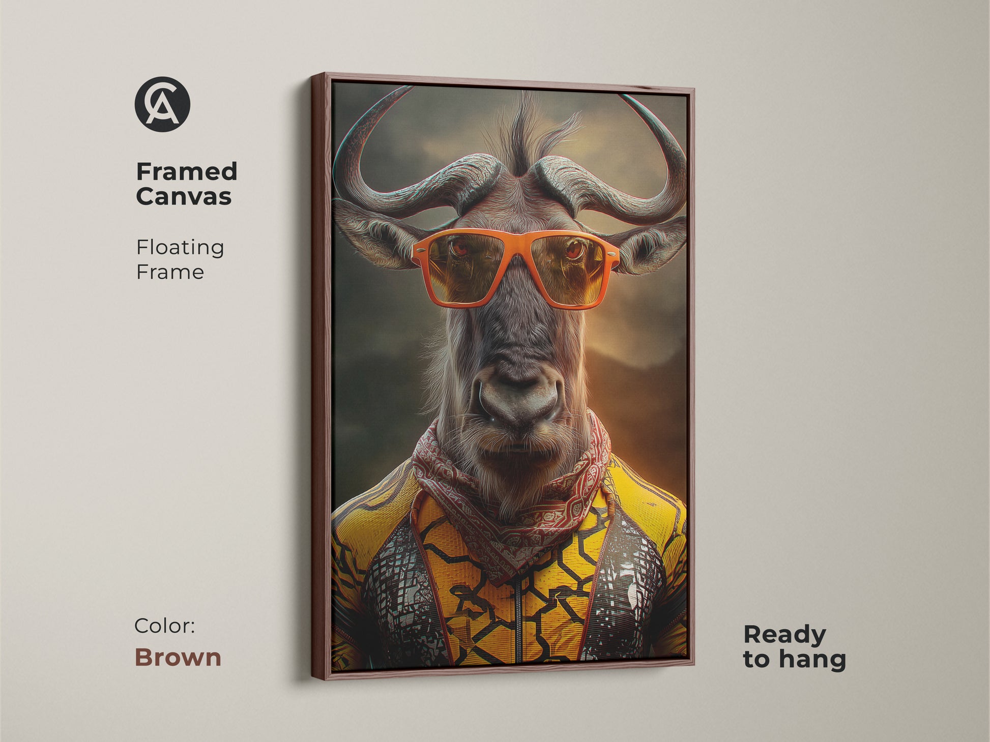Framed canvas of a wildebeest art print with a brown floating frame. This surreal animal canvas features a wildebeest with orange sunglasses. Ready to hang eclectic bedroom decor. Wildlife portrait print for animal lovers. A birthday gift unique.