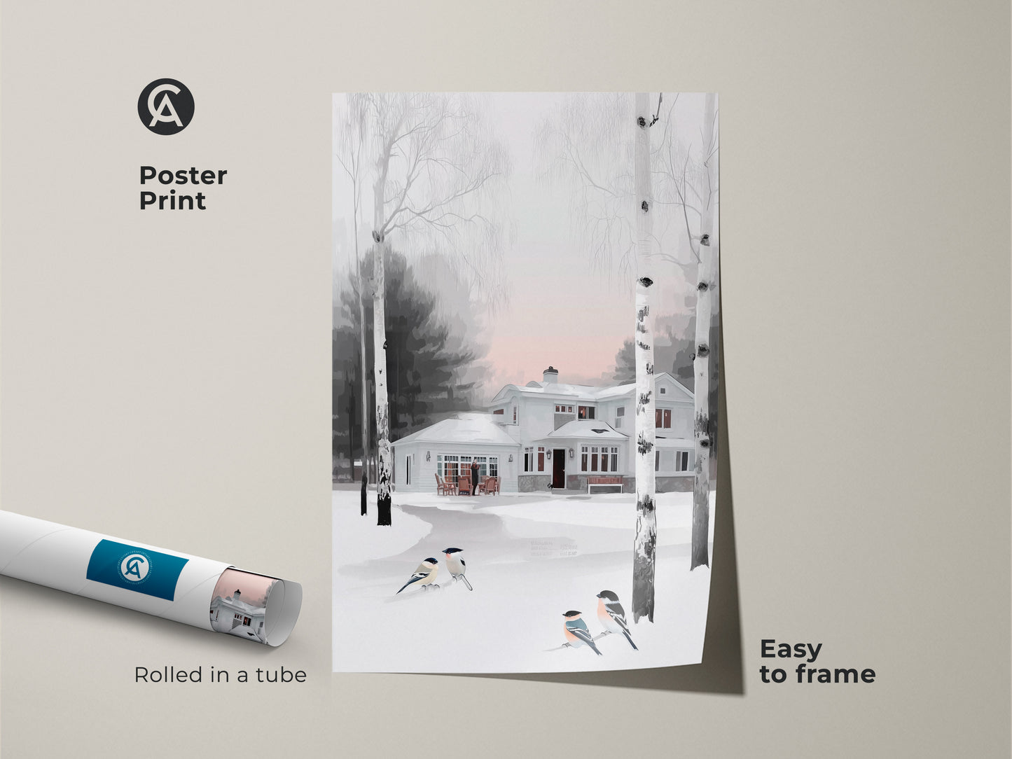 Poster print featuring a charming winter scene with a snow-covered house. The artwork includes delicate birds and birch trees. This folk art print adds a cozy farmhouse touch to your wall decor. Easy to frame and enjoy.