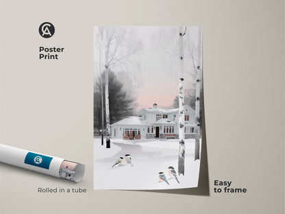 Poster print featuring a charming winter scene with a snow-covered house. The artwork includes delicate birds and birch trees. This folk art print adds a cozy farmhouse touch to your wall decor. Easy to frame and enjoy.