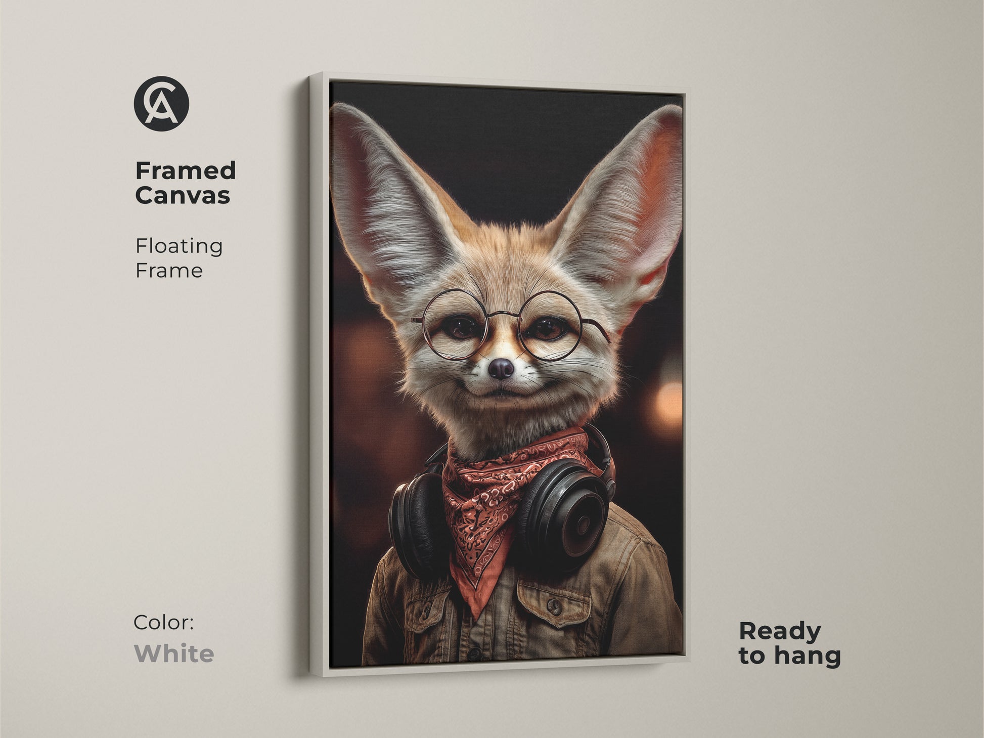 Framed canvas art print of a Fennec Fox wearing headphones and glasses. The white floating frame is ready to hang. This retro-style artwork brings a vintage character to any office or living room. The perfect music themed gift.