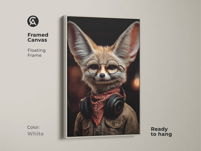 Framed canvas art print of a Fennec Fox wearing headphones and glasses. The white floating frame is ready to hang. This retro-style artwork brings a vintage character to any office or living room. The perfect music themed gift.
