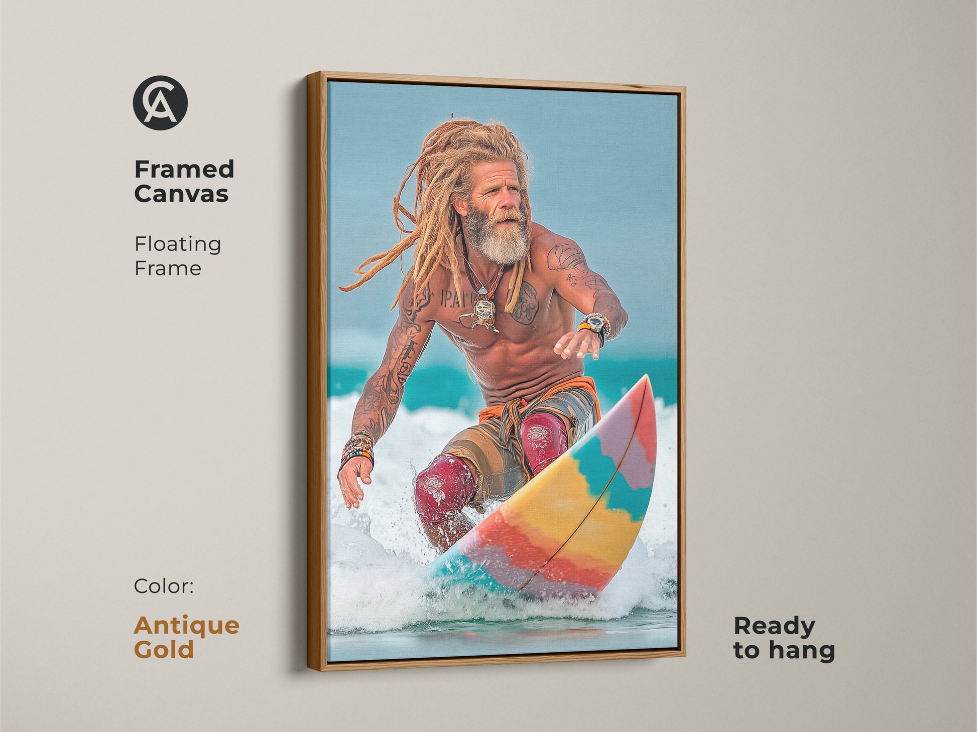 A Framed Canvas Floating Frame in Antique Gold features Coastal Surfer Canvas Print. Ocean lifestyle photography captures action sports art. Golden blonde and sky blue colors create summer vibes. It is ready to hang wall art for family room decor or gift.