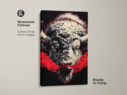 Close-up of a gallery-wrapped stretched canvas featuring a buffalo art. The mirror edges add depth. The bold red accents on the black background make this piece pop. It is ready to hang and easy to display. This is a must-have for contemporary art enthusiasts.