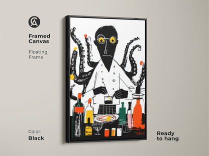 Framed canvas of an octopus chef in black. The floating frame makes it ready to hang. This abstract art is perfect for eclectic kitchen or cocktail bar wall decor.