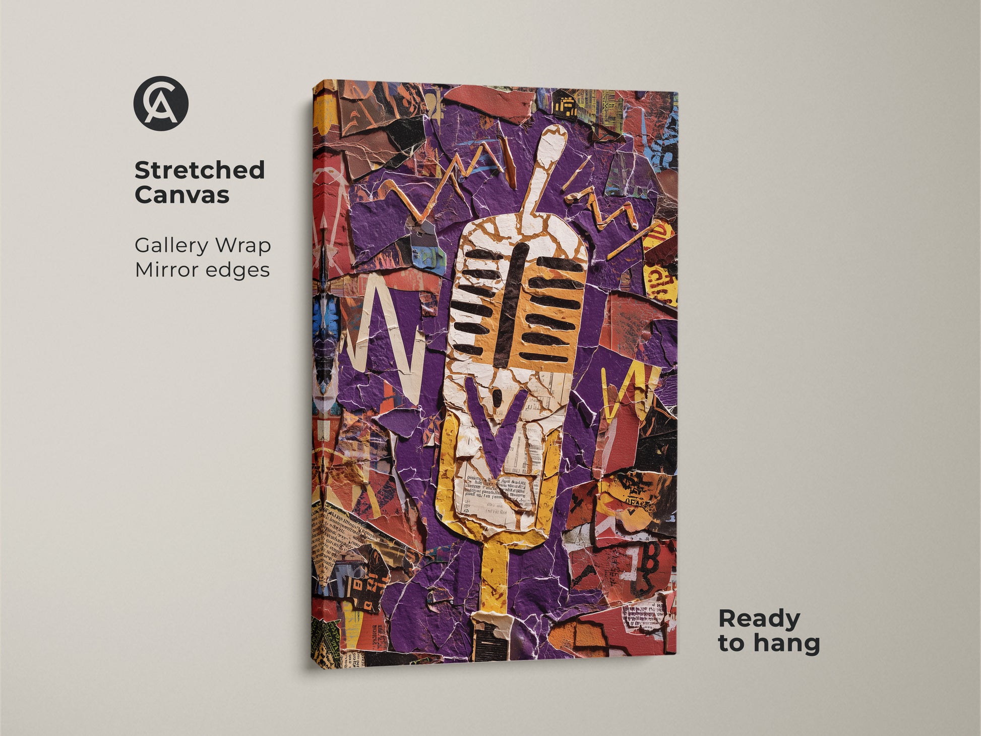 This stretched canvas features a retro microphone in an abstract collage. Gallery wrapped with mirrored edges it is ready to hang. The purple and yellow colors create a bold eclectic look. Perfect for adding vintage music flair to any home or studio wall.