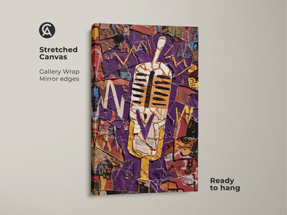 This stretched canvas features a retro microphone in an abstract collage. Gallery wrapped with mirrored edges it is ready to hang. The purple and yellow colors create a bold eclectic look. Perfect for adding vintage music flair to any home or studio wall.