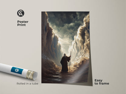 Get your museum-quality poster print of Moses parting the Red Sea. This biblical scene is easy to frame. The gold and blue artwork brings ancient prophecy to life on your walls. It is an inspiring piece for any spiritual sanctuary.