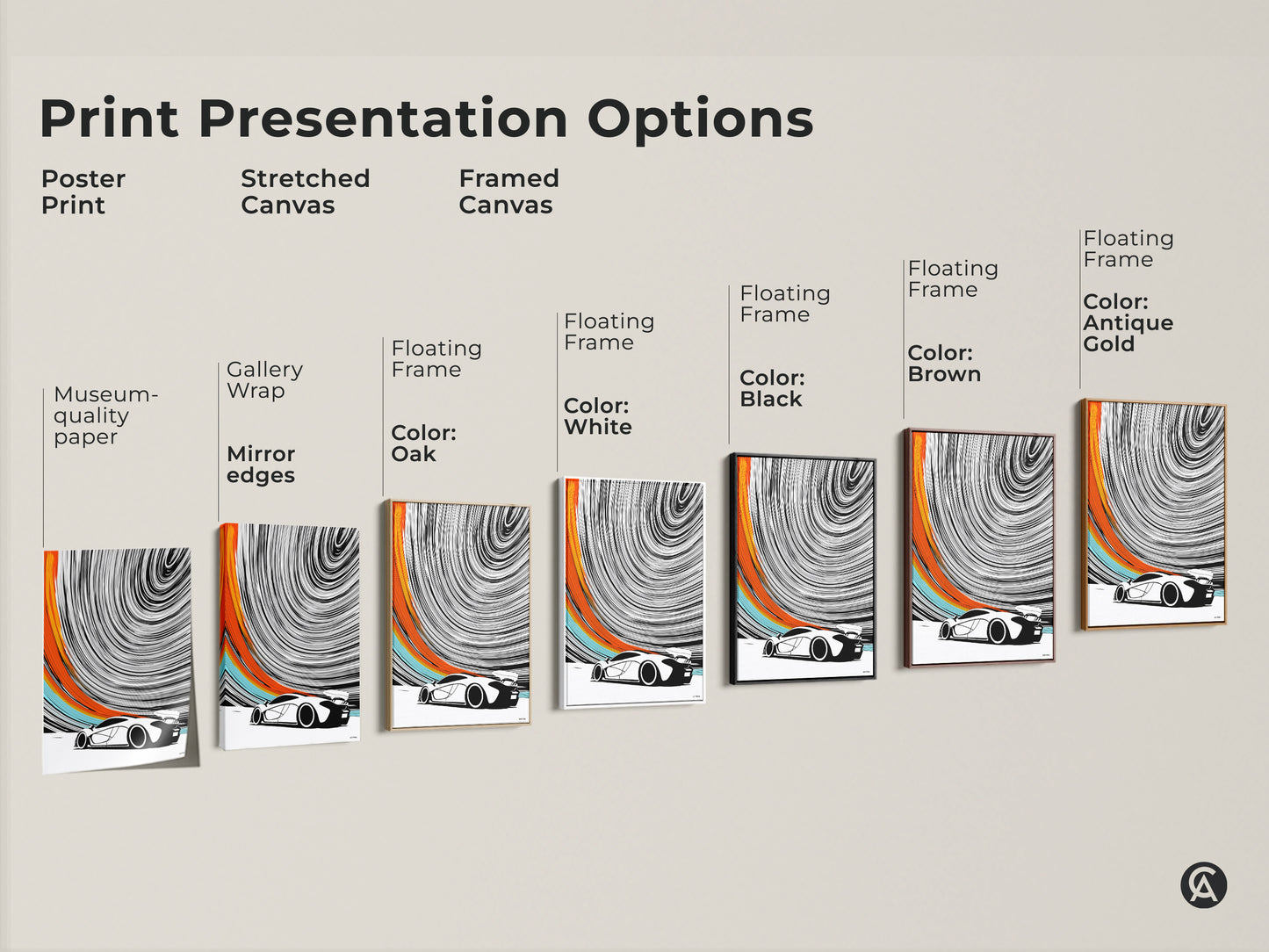 Explore presentation options for this abstract automotive art print. Choose poster print stretched canvas or framed canvas. Find the perfect style for your modern speed car art. Enhance your space with black white orange accents. Ideal decor for offices or man caves as a unique wall hanging.
