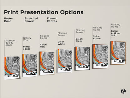 Explore presentation options for this abstract automotive art print. Choose poster print stretched canvas or framed canvas. Find the perfect style for your modern speed car art. Enhance your space with black white orange accents. Ideal decor for offices or man caves as a unique wall hanging.