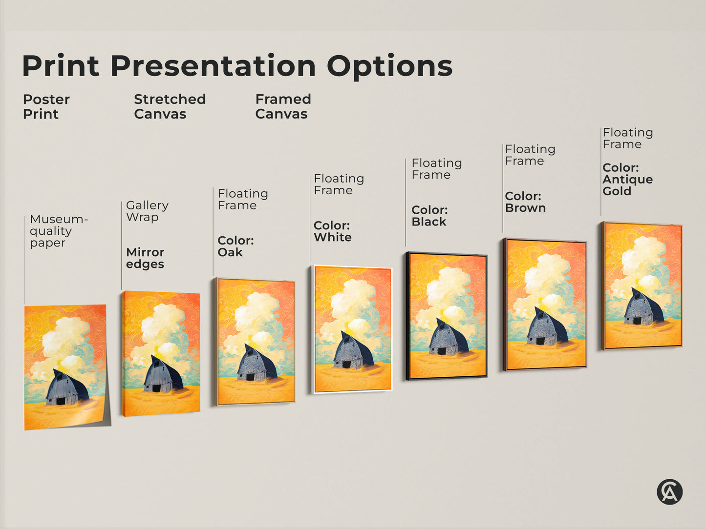Print presentation options for the surreal barn artwork. These include a poster print a stretched canvas and a framed canvas. Each piece showcases country home decor in various styles. This yellow orange teal art brings an eclectic touch to any space.