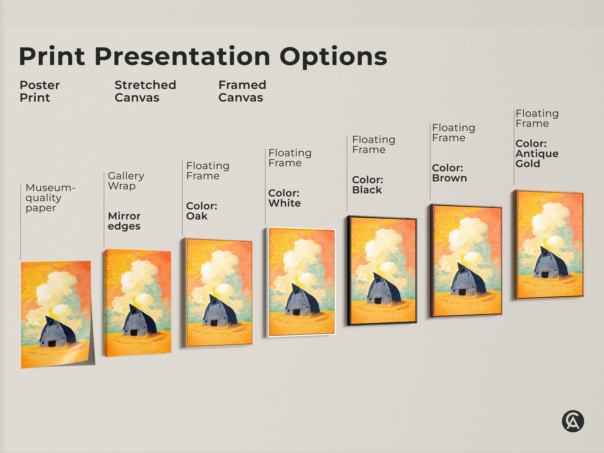 Print presentation options for the surreal barn artwork. These include a poster print a stretched canvas and a framed canvas. Each piece showcases country home decor in various styles. This yellow orange teal art brings an eclectic touch to any space.