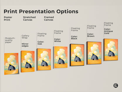 Print presentation options for the surreal barn artwork. These include a poster print a stretched canvas and a framed canvas. Each piece showcases country home decor in various styles. This yellow orange teal art brings an eclectic touch to any space.