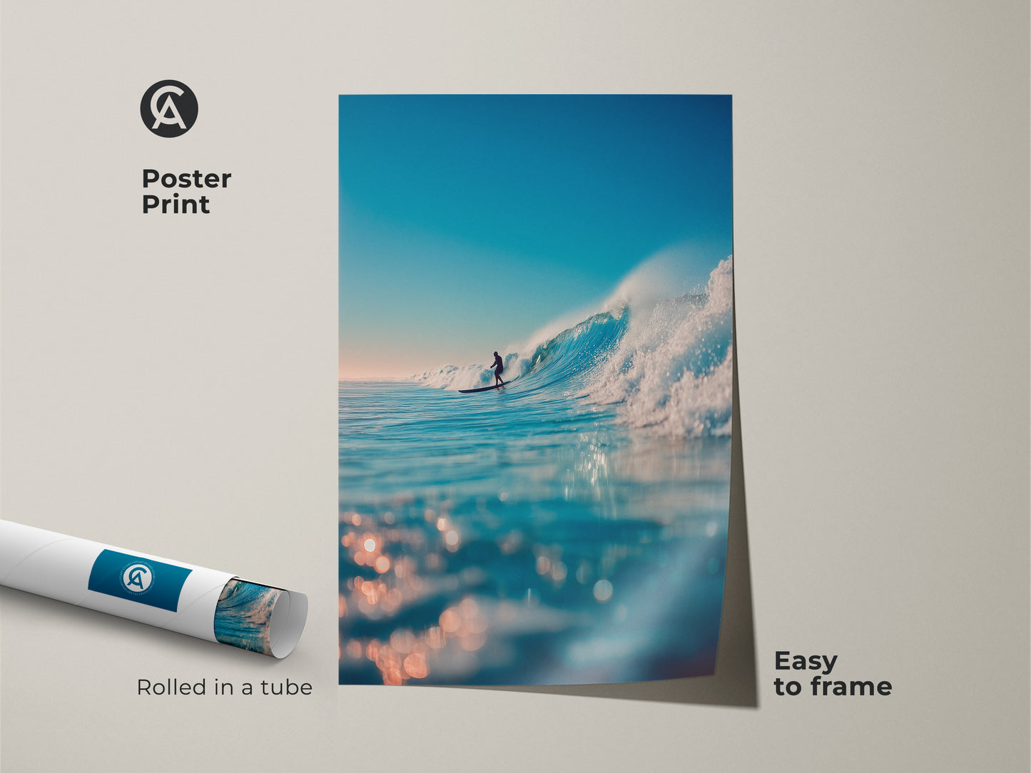 A poster print shows a surfer riding a wave. The print comes rolled in a tube. It is easy to frame and display. This ocean artwork adds a calming touch to any room. Get your surf art today it is easy to frame.