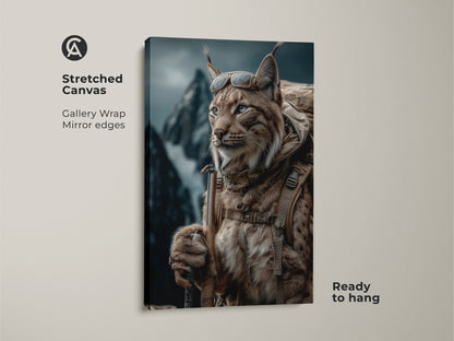 Stretched canvas featuring rustic Lynx artwork. The photorealistic lynx is geared up for adventure. Complete with a backpack and goggles. Displayed against a mountainous backdrop. The tan brown teal wildlife artwork adds charm to any room. This outdoor enthusiast gift blends animal realism with an adventurous spirit.