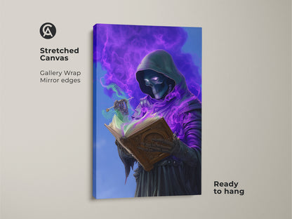 Stretched canvas print of a skeleton wizard reading a spellbook. This dark fantasy art features a gothic wizard surrounded by purple magic. It's a ready to hang gallery wrap perfect as gothic halloween decor.