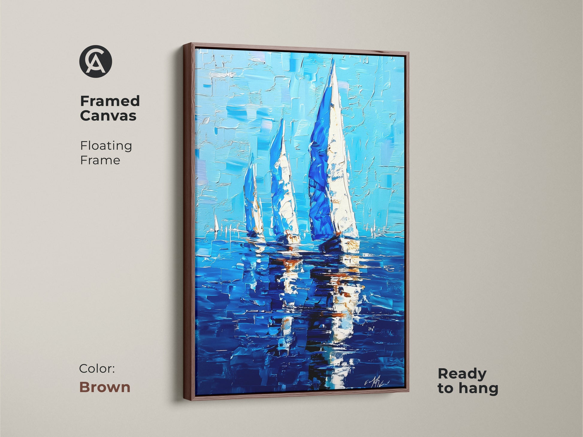 Framed canvas of sailboat artwork in a brown floating frame. The coastal seascape print is nautical wall decor. The deep blue ocean painting is ready to hang. This sailing boat artwork in blue and white canvas adds an ocean view. This art is a perfect nautical housewarming gift.