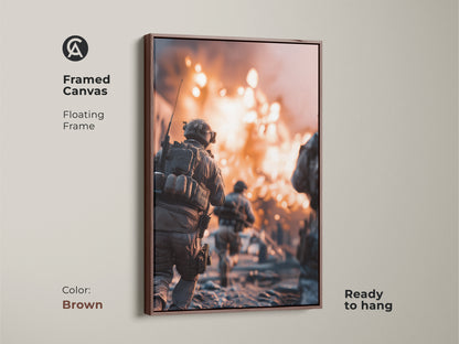 Framed in brown this military art canvas features a soldier running. He is in the scene of an explosion. This gritty cinematic artwork is ready to hang. The brown frame enhances this powerful military decor for an office or man cave.