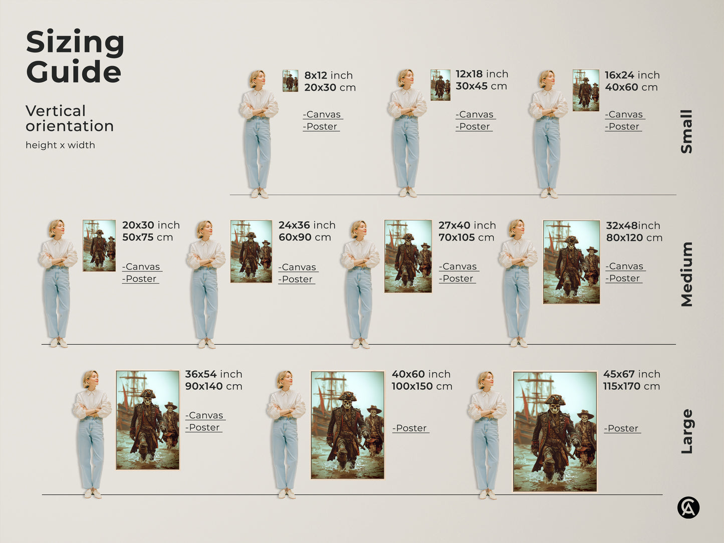 Sizing Guide for Skeleton Pirate Captain Art Prints. Vertical orientation height and width options in both inches and centimeters. Visualize small medium and large sizes of this gothic nautical fantasy artwork with model for scale.