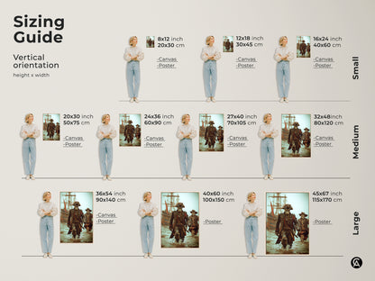 Sizing Guide for Skeleton Pirate Captain Art Prints. Vertical orientation height and width options in both inches and centimeters. Visualize small medium and large sizes of this gothic nautical fantasy artwork with model for scale.