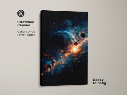 Stretched canvas print showcases a stunning cosmic scene. The artwork features a blue planet surrounded by smaller moons. Streaks of orange and blue light create a nebula-like effect. The gallery wrap gives a modern look. Ready to hang and enjoy.
