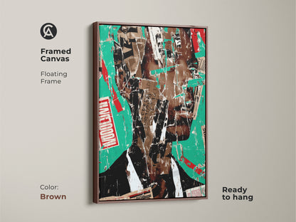 Framed canvas of abstract face collage art. This urban portrait wall art has a floating brown frame. The mixed media art uses teal red and brown colors. This eclectic piece is ready to hang for living room decor.