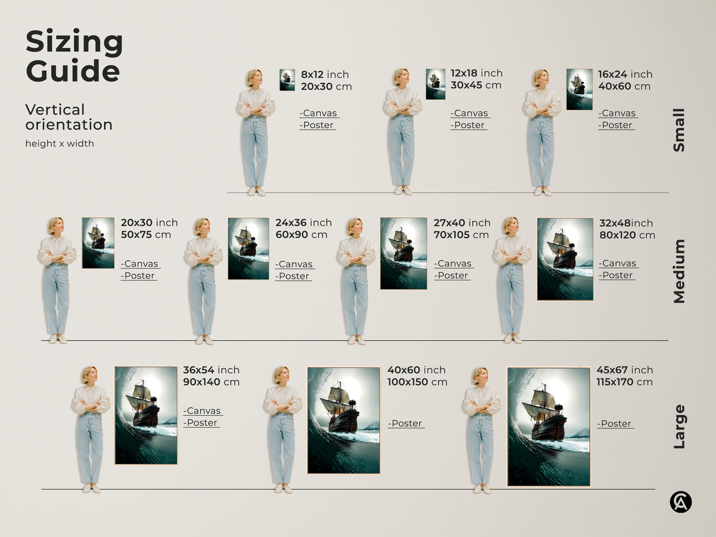 Sizing guide for Tall Ship Ocean Wave Canvas and Poster Prints. This nautical Coastal artwork comes in various sizes. Small Medium and Large options are displayed with the model. Choose the perfect fit for your space!