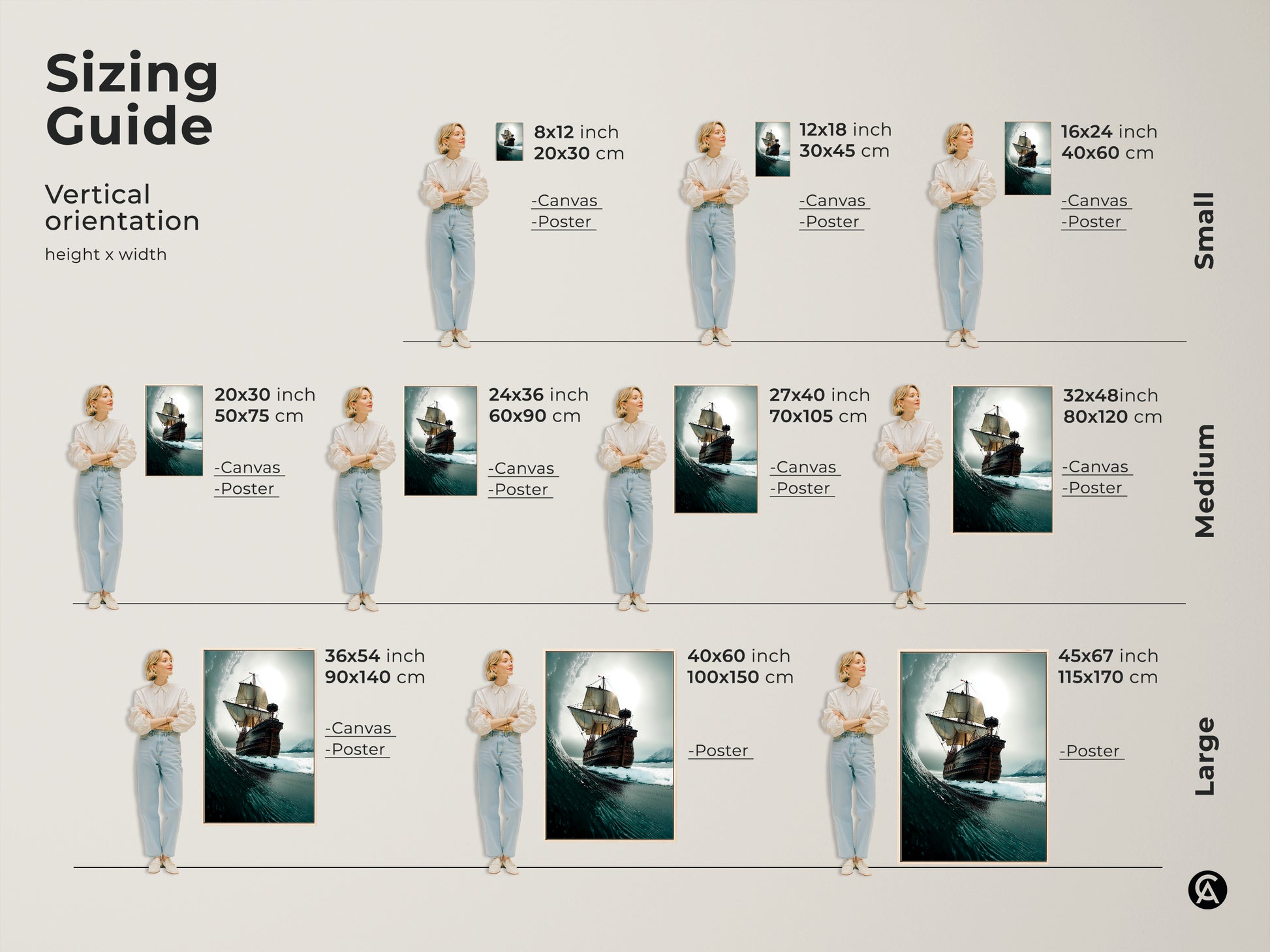 Sizing guide for Tall Ship Ocean Wave Canvas and Poster Prints. This nautical Coastal artwork comes in various sizes. Small Medium and Large options are displayed with the model. Choose the perfect fit for your space!