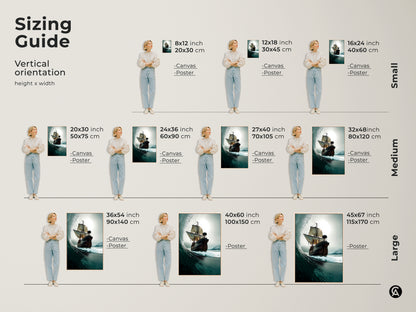 Sizing guide for Tall Ship Ocean Wave Canvas and Poster Prints. This nautical Coastal artwork comes in various sizes. Small Medium and Large options are displayed with the model. Choose the perfect fit for your space!