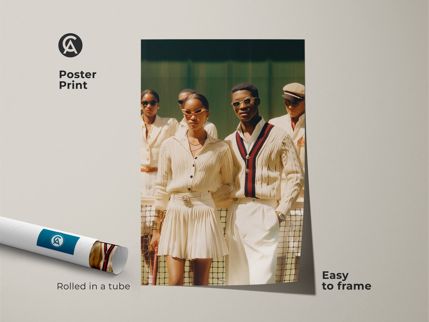 A poster print features a group in tennis attire. The art is rolled in a tube ready to frame. A stylish couple stands out in sunglasses and preppy sweaters. It has a sophisticated sporty vibe.