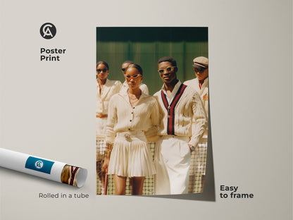 A poster print features a group in tennis attire. The art is rolled in a tube ready to frame. A stylish couple stands out in sunglasses and preppy sweaters. It has a sophisticated sporty vibe.