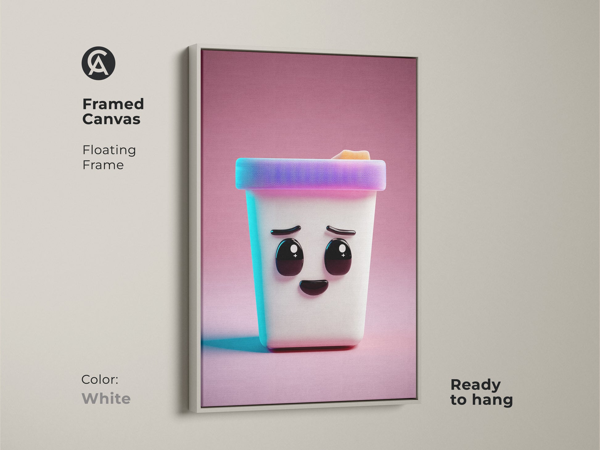 A framed canvas art print showcases a cute Kawaii ice cream cone. This kids' wall art piece is rendered in a modern abstract style. The white floating frame is ready to hang and is a unique birthday gift.