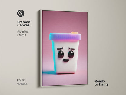 A framed canvas art print showcases a cute Kawaii ice cream cone. This kids' wall art piece is rendered in a modern abstract style. The white floating frame is ready to hang and is a unique birthday gift.