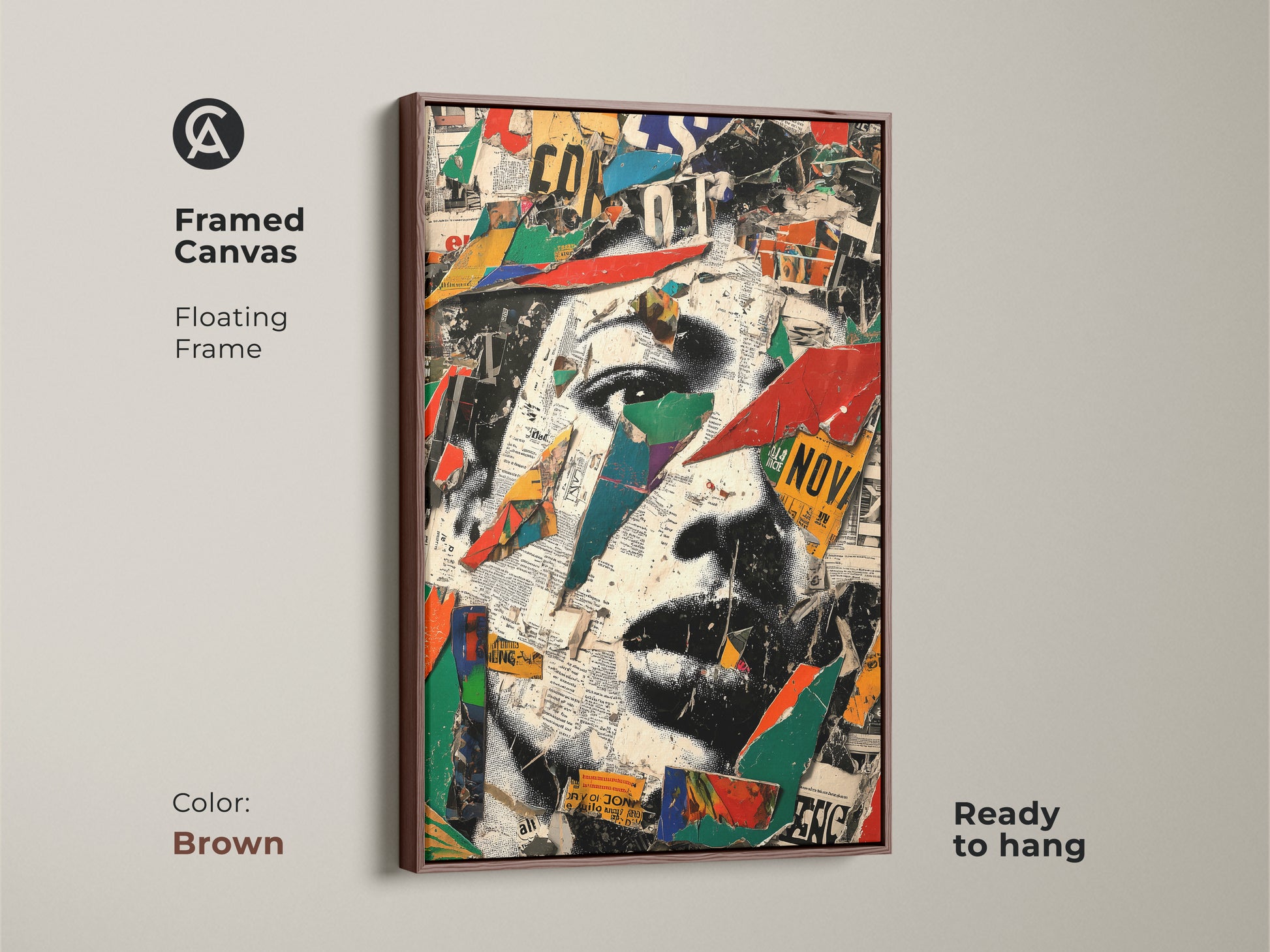 Framed canvas in a brown floating frame displaying a mixed media collage. The abstract portrait wall art adds an eclectic touch. The red blue and green artwork is a perfect fit for a studio or office wall decor.