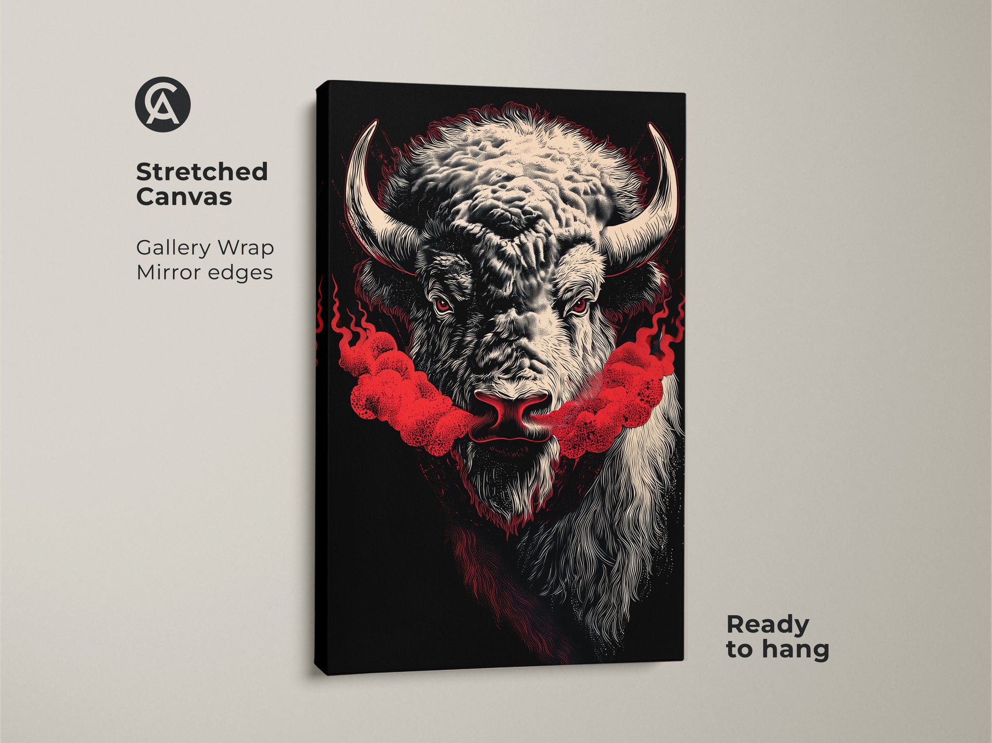 Close-up shows gallery-wrapped bison canvas print with mirror edges. This buffalo wall art features red smoke art in an abstract wildlife style. Ready to hang this piece of American west decor is a modern animal art statement. It is great entryway wall art.