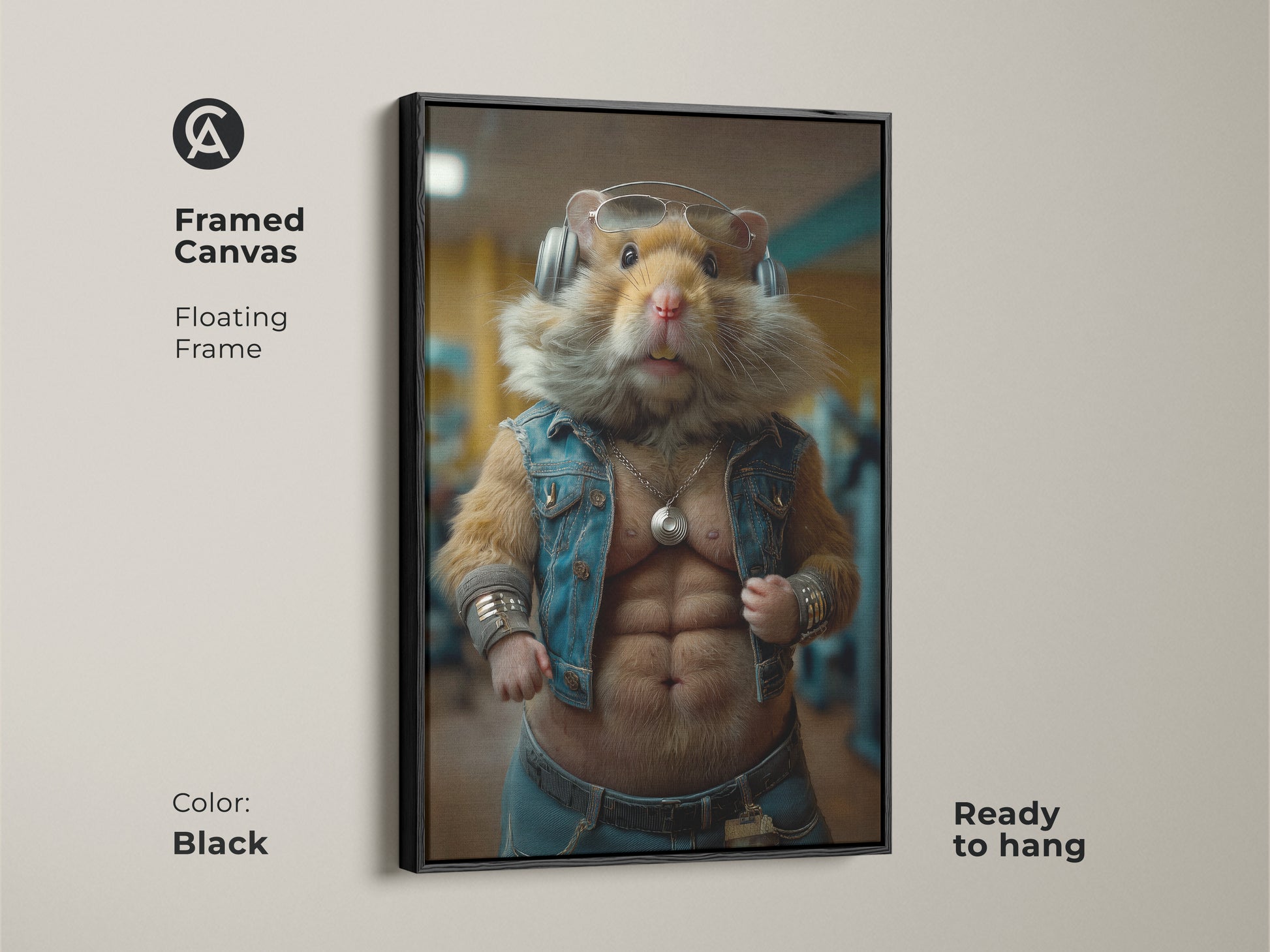 Black framed canvas featuring a muscular hamster with human-like abs. It is ready to hang as office fitness decor. This bodybuilding hamster canvas art is a unique gift for gym enthusiasts. It adds a cool touch to any workout room or man cave.