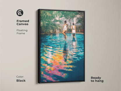 Framed in black this canvas print depicts a contemporary poolside scene. The teal yellow and blue artwork is ready to hang adding modern elegance. Great housewarming gift for women who love vibrant wall decor.