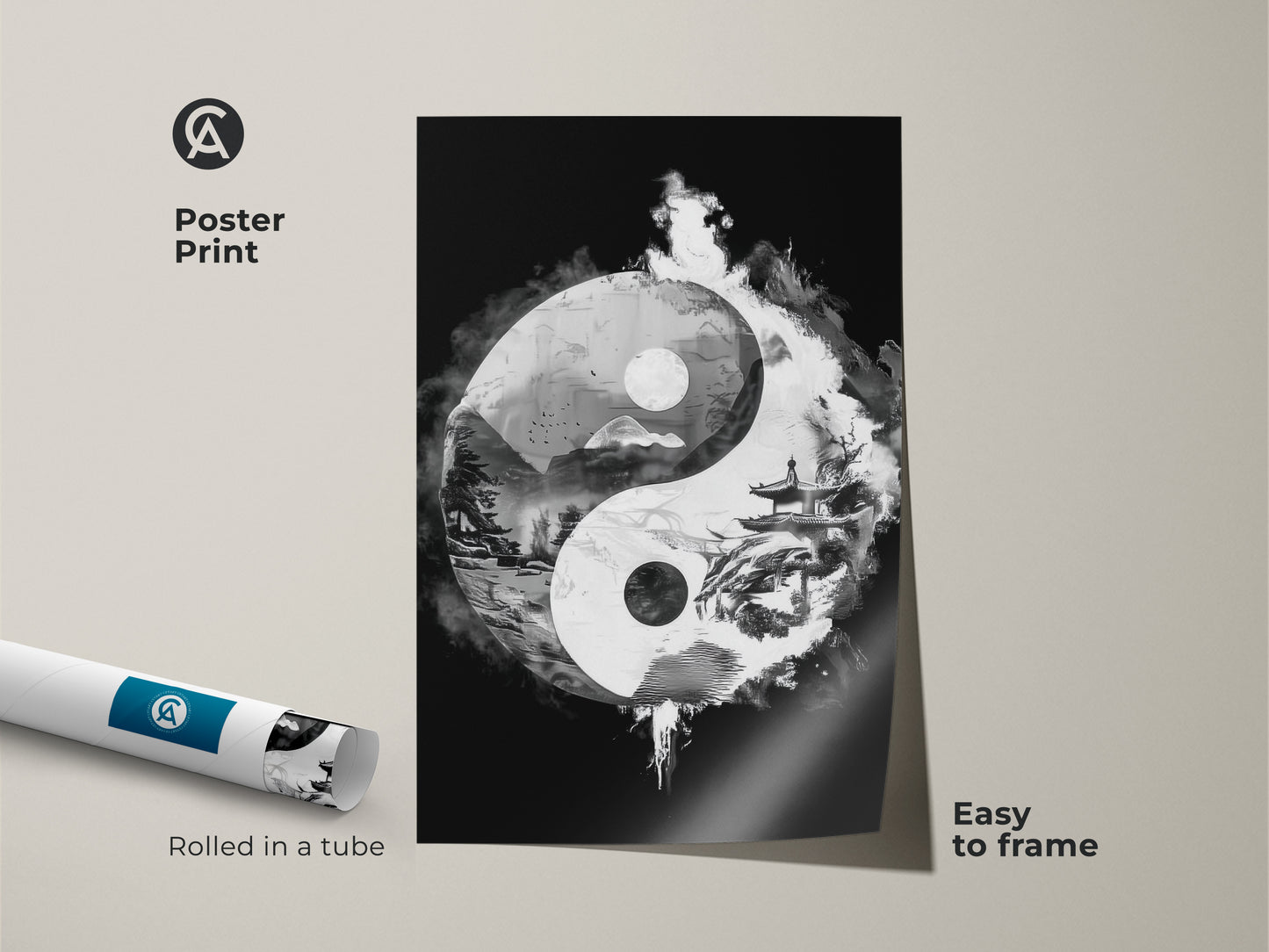 Poster print of Yin Yang abstract landscape. Rolled in a tube for easy framing. Black and white surrealism brings zen balance. A unique piece of mindfulness home decor.