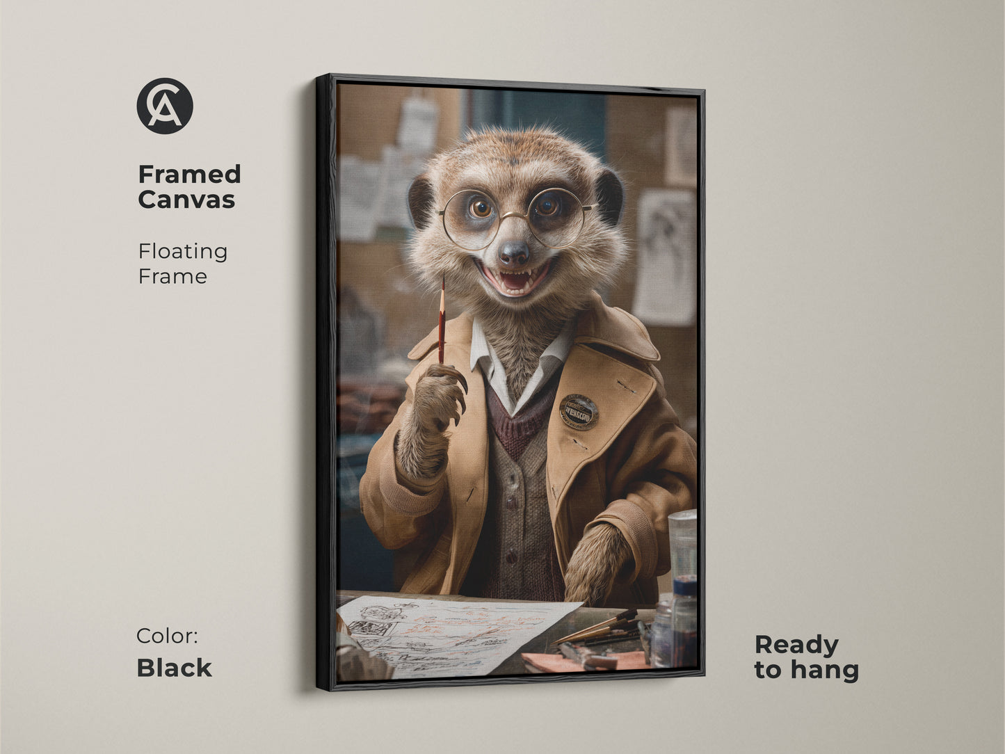 Framed canvas featuring a dapper meerkat with glasses in a black floating frame. This funny animal art print is ready to hang. The tan and gold artwork is perfect for office or home decor. A unique and quirky gift for animal lovers.