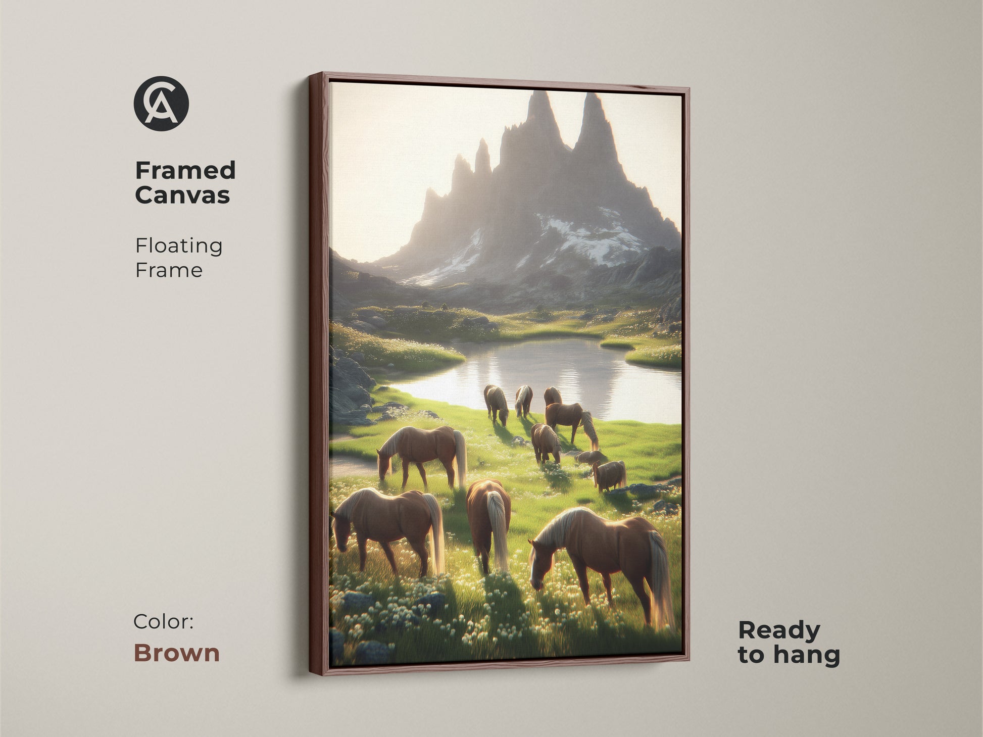 Framed canvas print showcasing horses in a sunny landscape. This brown floating frame enhances the warm tones of the nature art. Ready to hang equestrian home decor brings rustic charm. Ideal as a gift for him horse lover or her.
