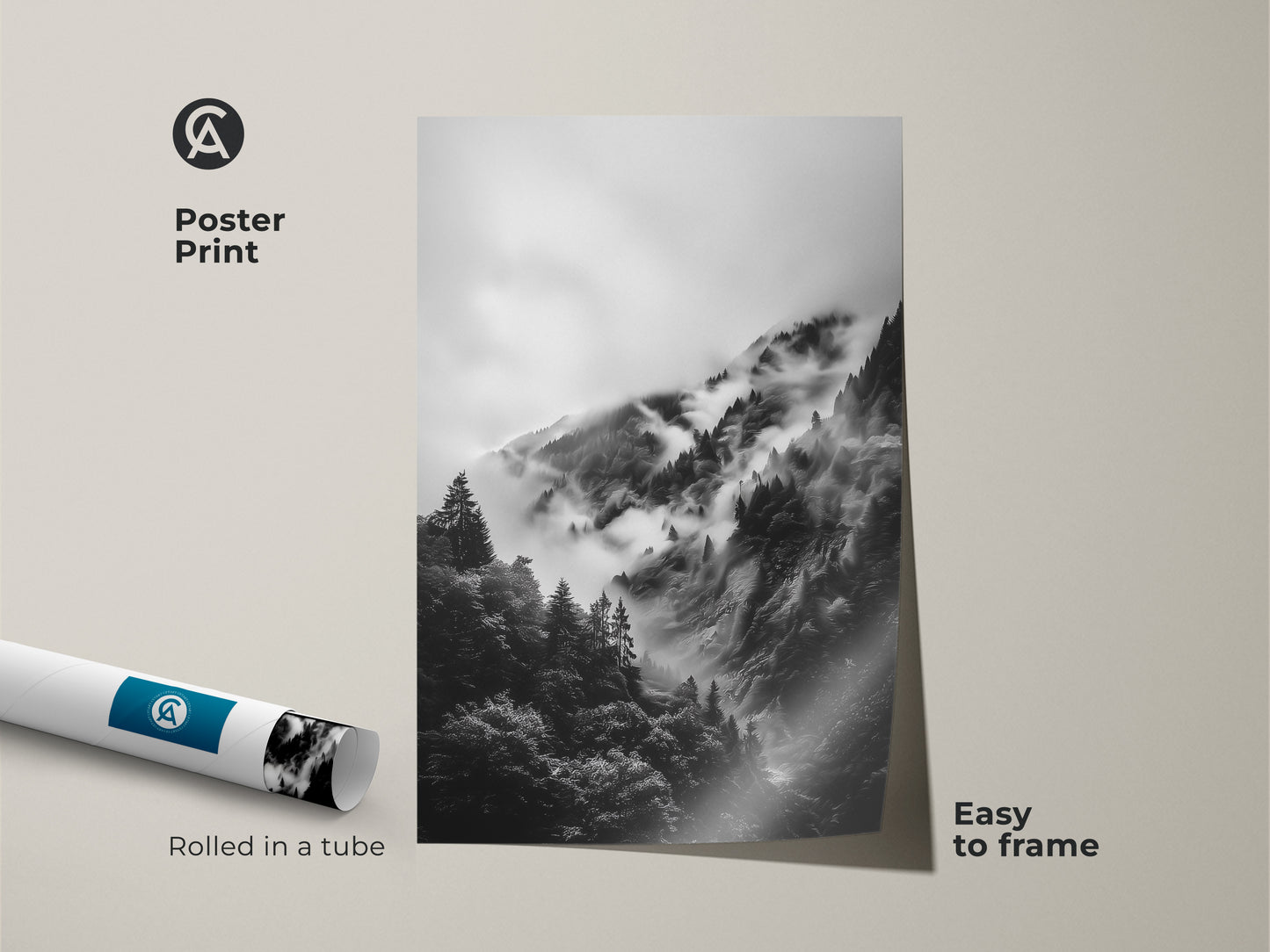 Poster print of a misty mountain landscape. Black and white nature artwork rolled in a tube. Easy to frame grayscale landscape decor for bedroom wall art. Perfect gift for outdoor enthusiast.
