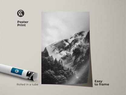 Poster print of a misty mountain landscape. Black and white nature artwork rolled in a tube. Easy to frame grayscale landscape decor for bedroom wall art. Perfect gift for outdoor enthusiast.