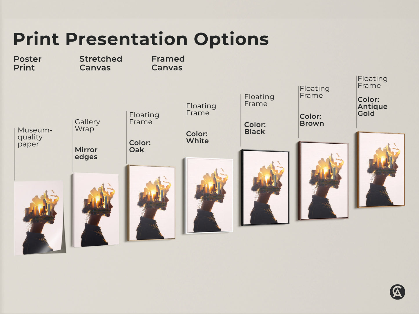 Print presentation options poster print stretched canvas and framed canvas. Woman profile cityscape art. Abstract surreal wall art. Conceptual urban landscape canvas in orange yellow gold. Contemporary art for modern bedroom wall decor or contemporary office art.