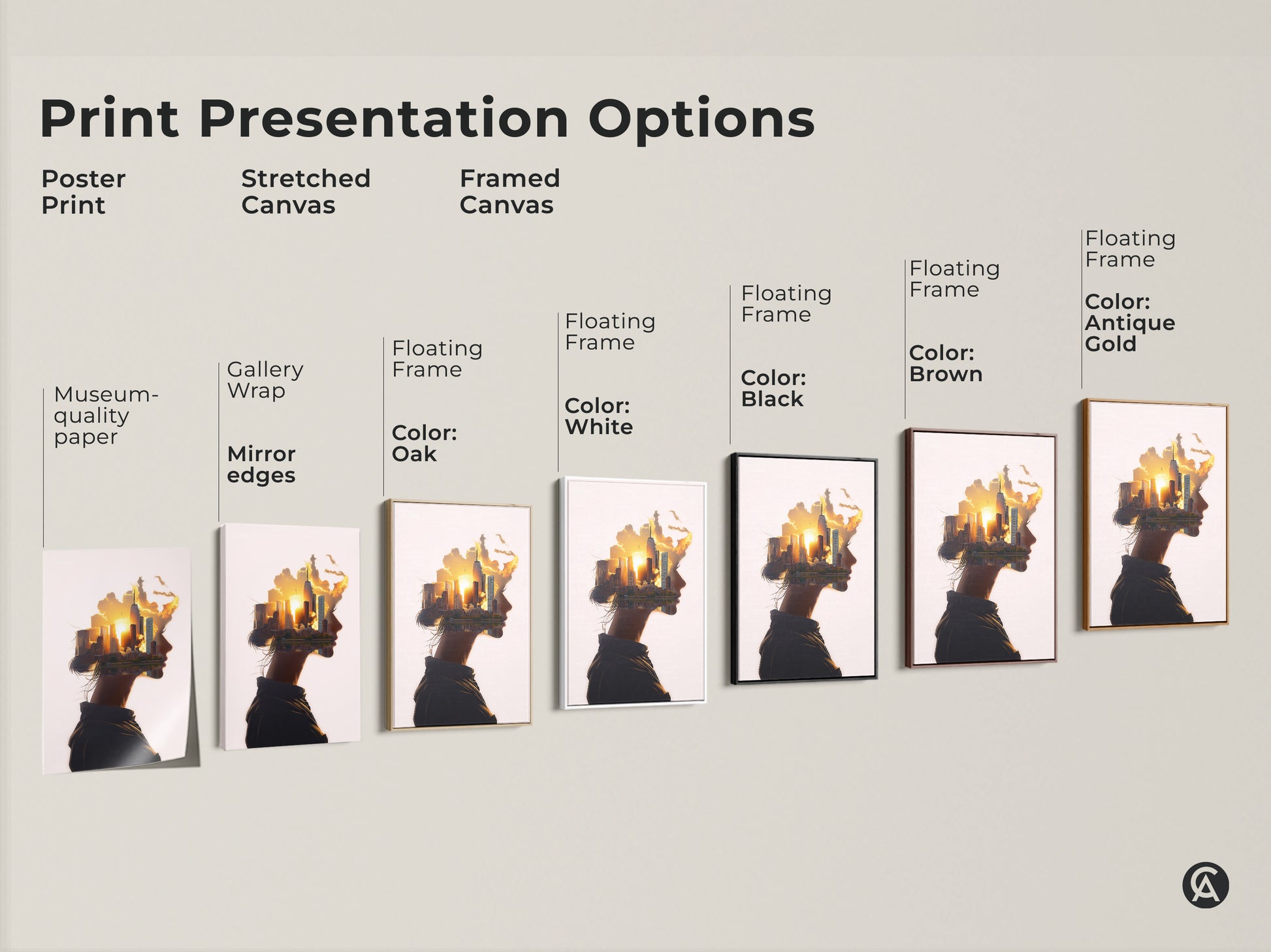 Print presentation options poster print stretched canvas and framed canvas. Woman profile cityscape art. Abstract surreal wall art. Conceptual urban landscape canvas in orange yellow gold. Contemporary art for modern bedroom wall decor or contemporary office art.