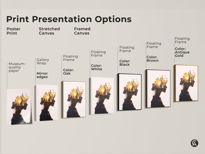 Print presentation options poster print stretched canvas and framed canvas. Woman profile cityscape art. Abstract surreal wall art. Conceptual urban landscape canvas in orange yellow gold. Contemporary art for modern bedroom wall decor or contemporary office art.