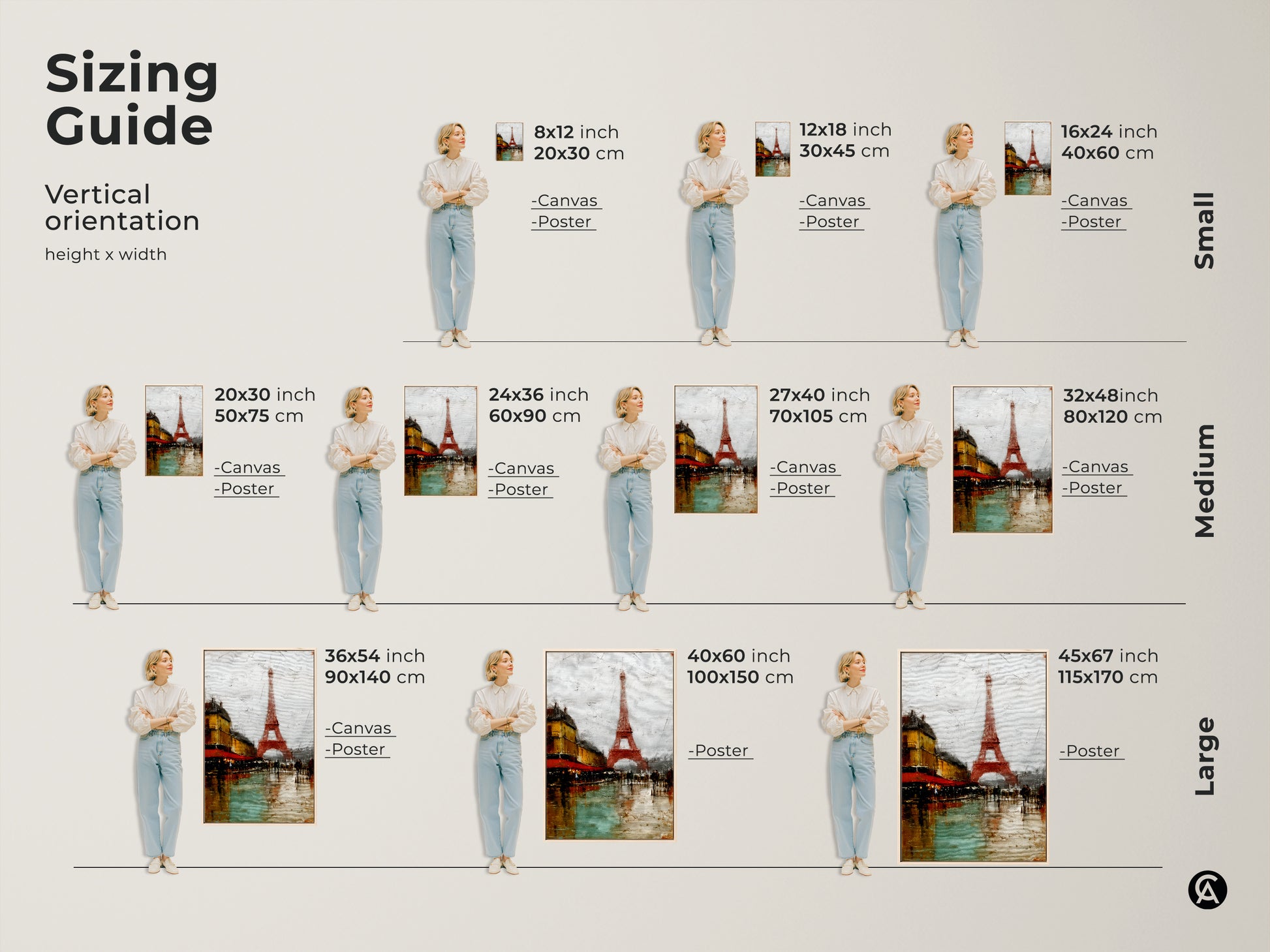 Sizing Guide for Vertical Paris Cityscape Canvas and Poster Prints. Visual guide displays art at various sizes 8x12 to 45x67 inches alongside a model. Perfect for visualizing Eiffel Tower and cafe art in your space. Choose the ideal scale for your terracotta and teal artwork.