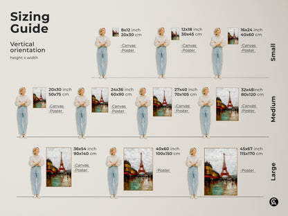 Sizing Guide for Vertical Paris Cityscape Canvas and Poster Prints. Visual guide displays art at various sizes 8x12 to 45x67 inches alongside a model. Perfect for visualizing Eiffel Tower and cafe art in your space. Choose the ideal scale for your terracotta and teal artwork.