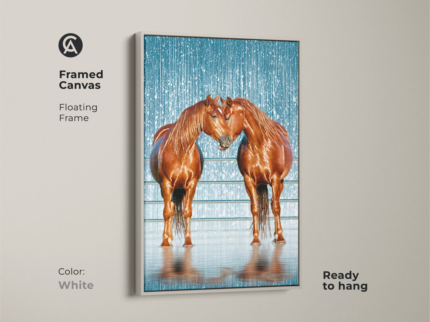 Two brown horses are showcased in this framed canvas art with a white floating frame. Perfect for bedroom wall decor the rustic equestrian artwork adds a touch of nature. Ready to hang and admire this canvas print makes a great gift for any animal lover.