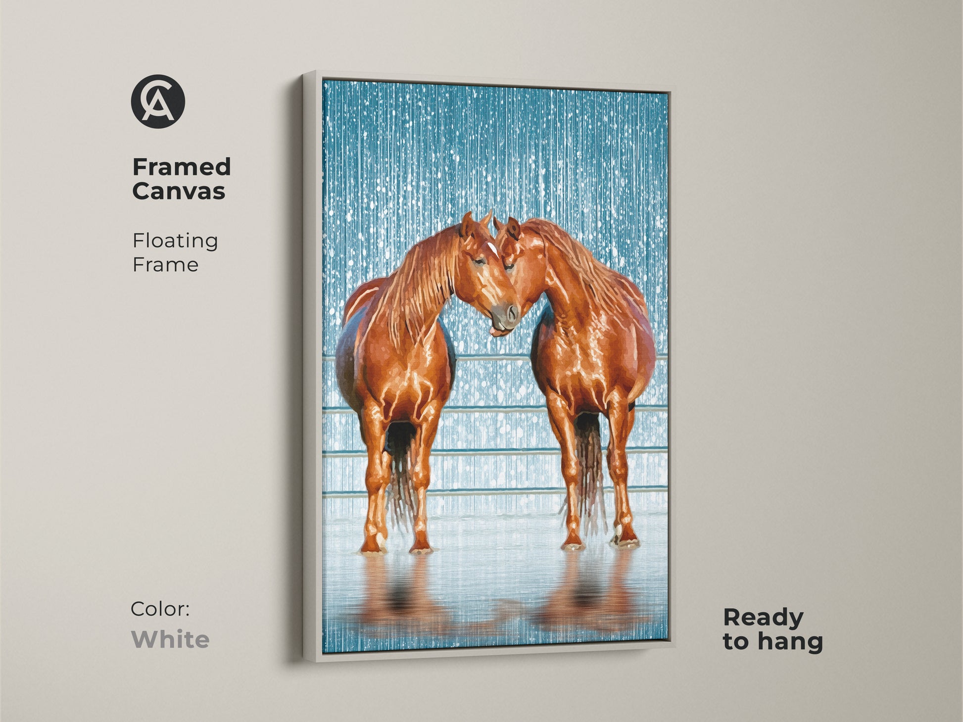 Two brown horses are showcased in this framed canvas art with a white floating frame. Perfect for bedroom wall decor the rustic equestrian artwork adds a touch of nature. Ready to hang and admire this canvas print makes a great gift for any animal lover.